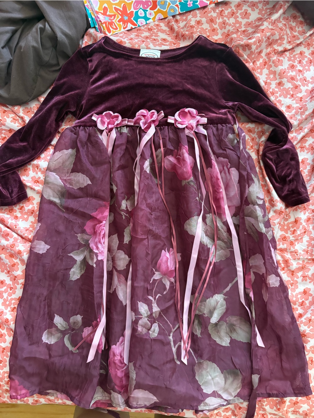 Talbots Plum Velvet and Floral Chiffon Dress with Pink Accents